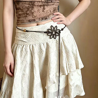 Boho Wood Hollow Flower Linen Tie Waist Belts for Women FS-WG0843E-01-1