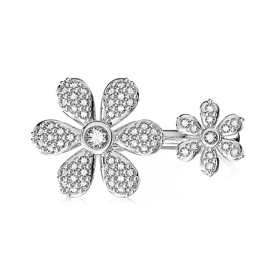 Flower Rhodium Plated 925 Sterling Silver Micro Pave Clear Cubic Zirconia Open Cuff Rings for Women RJEW-Q816-04P-1