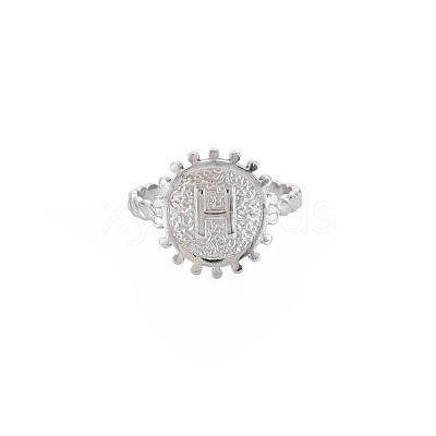 Non-Tarnish 304 Stainless Steel Flat Round with Initial Letter Open Cuff Ring for Men Women RJEW-S405-246P-H-1