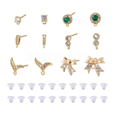 12Pcs 6 Style Brass Micro Pave Cubic Zirconia Stud Earring Findings KK-FW0001-10-1