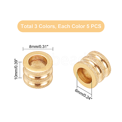 15Pcs 3 Colors Stainless Steel Textured Beads STAS-UN0021-01-1