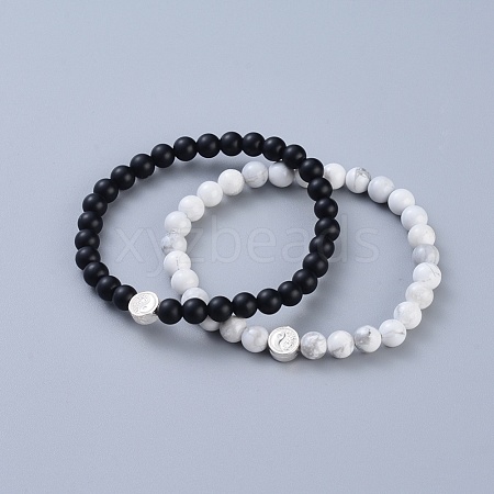 Feng Shui Natural Black Agate & Natural Howlite Beaded Stretch Bracelets BJEW-JB05022-02-1