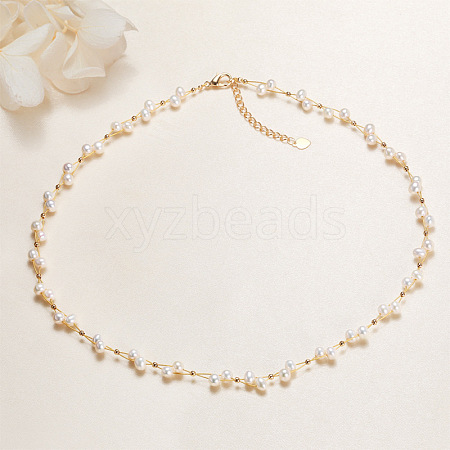 Brass & Round Natural Freshwater Pearl Handmade Beaded Necklaces WG3957A-02-1