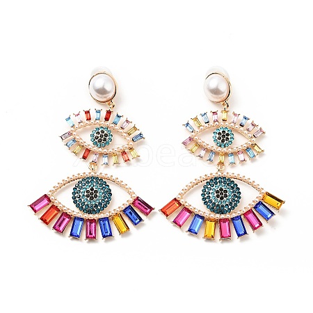 Rhinestone Double Evil Eye Dangle Stud Earrings with Acrylic Pearl Beaded LS-EJEW-J045-03A-KCG-1