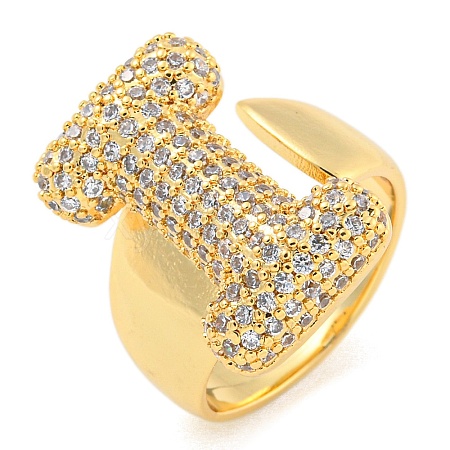 Brass Micro Pave Clear Cubic Zirconia Letter Open Cuff Ring for Women RJEW-M173-01G-I-1