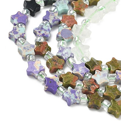 5 Styles Synthetic Imperial Jasper & Natural Topaz Jade & Quartz Crystal & Unakite & Kambaba Jasper Beads Strands G-D095-A01-1