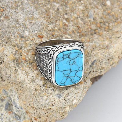 304 Stainless Steel with Synthetic Turquoise Finger Rings FS-WG67565-69-1
