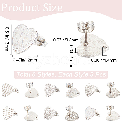 48Pcs 6 Styles Textured Heart 304 Stainless Steel Stud Earring Findings STAS-SP0001-48-1