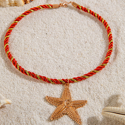 Ocean Alloy Starfish Pendant Twisted Cotton Cord Necklaces FS-WG595AC-03-1