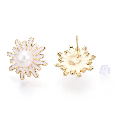 Daisy Flower Natural Pearl Stud Earrings with Enamel PEAR-N020-07G-1
