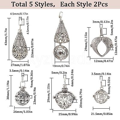 10Pcs 5 Styles Tibetan Style Brass Cage Pendants KK-SC0004-33-1