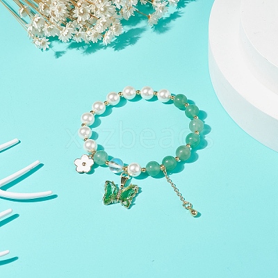 Round Natural Green Aventurine & Shell Pearl Beaded Stretch Bracelet BJEW-TA00191-02-1
