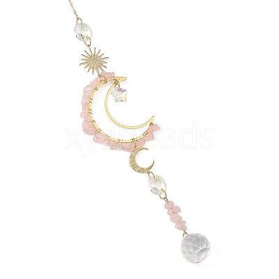 Natural Rose Quartz & Star Glass Beaded Suncatcher with Brass Sun Moon Charm HJEW-JM05016-03-1