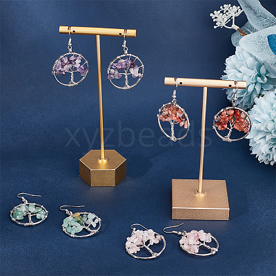4 Pairs 4 Style Natural Mixed Gemstone Chips Tree of Life Dangle Earrings EJEW-AN0002-48-1