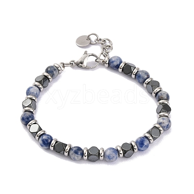Natural Sodalite & Synthetic Hematite Round Beaded Bracelet BJEW-P339-02P-05-1