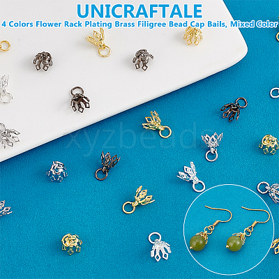 64Pcs 4 Colors Flower Rack Plating Brass Filigree Bead Cap Bails KK-UN0002-89-1