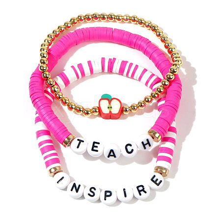 Teachers' Day Plastic Letter Inspire Teach Polymer Clay Heishi Beaded Stretch Bracelet Sets IE3330-1-1