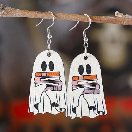 Ghost with Book Wood Dangle Earrings FS-WG49A46-01-1
