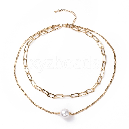 Vacuum Plating 304 Stainless Steel Double Chains Multi Layered Necklaces Necklace with Plastic Pearl Beaded for Women STAS-E155-01G-1