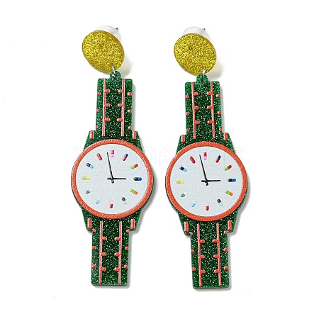 Sparkling Acrylic Watch Dangle Stud Earrings with 304 Stainless Steel Pins EJEW-C063-01A-1
