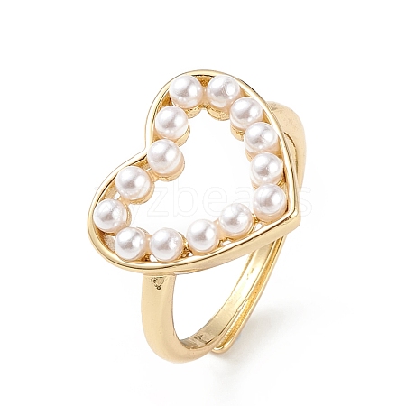 Plastic Pearl Hollow Out Heart Adjustable Ring RJEW-L100-012G-1