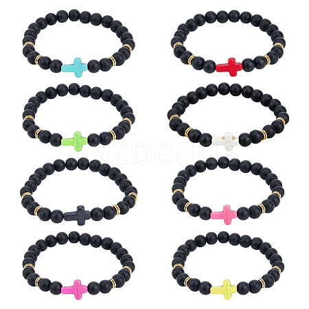 8Pcs 8 Colors Dyed Synthetic Turquoise Cross Beaded Stretch Bracelets Set BJEW-FI0001-27-1