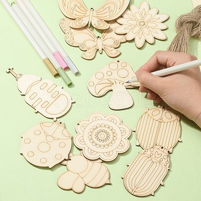 60Pcs 10 Style Spring theme Butterfly/Ladybird/Flower Unfinished Wood Pieces DIY-CJC0012-01-1