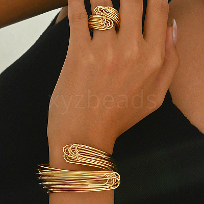 Elegant Brass Multi-layer Cuff Bangles & Rings Sets for Banquets and Parties TV3814-1