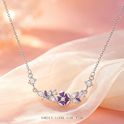 Brass Pave Purple Cubic Zirconia Flower Pendant Necklaces for Women WGF8B23-01-1