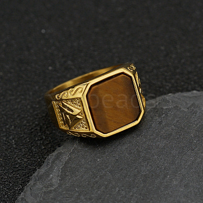 304 Stainless Steel with Natural Tiger Eye Finger Rings FS-WG06E27-01-1