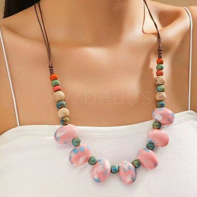 Ethnic Style Oval Porcelain Beaded Bib Necklaces with Imitation Leather Cord FS-WGD6870-01-1
