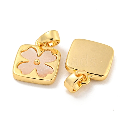 Natural Shell & Brass Square with Flower Charms with Snap on Bails KK-P275-05G-1