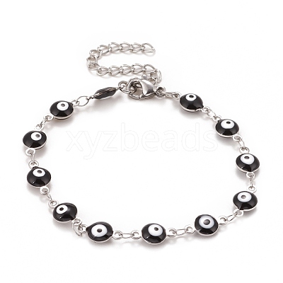 Enamel Oval with Evil Eye Link Chains Bracelet BJEW-P271-04P-03-1