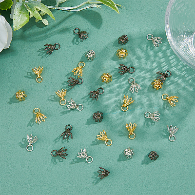 60Pcs 3 Colors Flower Rack Plating Brass Filigree Bead Cap Bails KK-FH0006-86-1