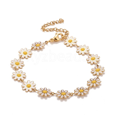 Enamel Daisy Link Chains Bracelet BJEW-P271-01G-1