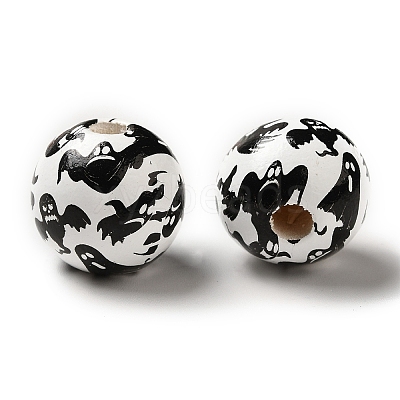 Printed Round Wood European Beads WOOD-M006-01-1