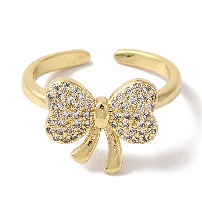 Bowknot Brass Micro Pave Clear Cubic Zirconia Open Cuff Rings for Women LS-RJEW-C098-03G-1