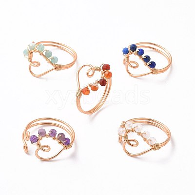 Heart Natural Mixed Stone Braided Bead Finger Rings RJEW-JR00529-1