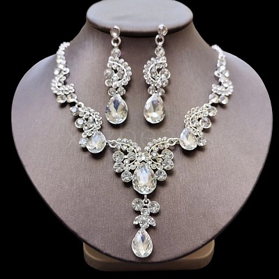 Teardrop Alloy Acrylic Rhinestone Pendant Necklaces & Stud Earrings Sets FS-WG537BF-01-1
