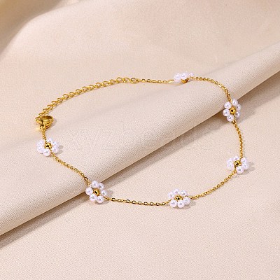 Stainless Steel & Imitation Pearl White Flower Link Chain Anklets for Women AJEW-LP0007-59-1-1