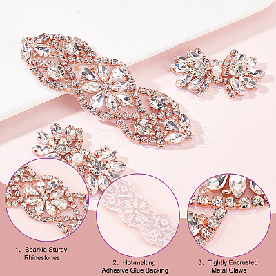 Wholesale FINGERINSPIRE 3Pcs 2 Style Rhinestone Applique for Wedding Dress  Gold Iron on/Sew Rhinestone Patch Rhinestone Flower Shape Hotfix Applique  Sewing Appliques for Dress 