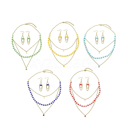 Rondelle 304 Stainless Steel & Glass Beaded Layered Necklace and Earring Set Set for Women SJEW-JS01384-1