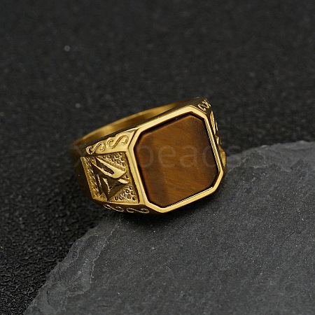304 Stainless Steel with Natural Tiger Eye Finger Rings FS-WG06E27-01-1