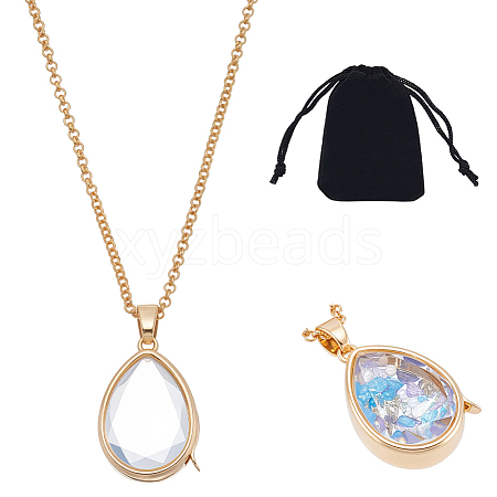1Pc Brass Clear Glass Teardrop Locket Pendant Necklaces NJEW-NB0001-34-1