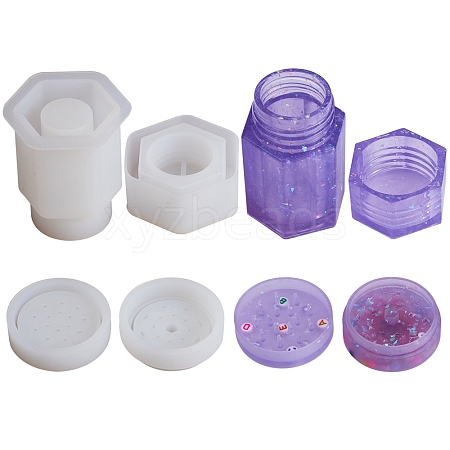 2 Sets 2 Styles Hexagonal Prisms & Flat Round Storage Box Bottle Container Silicone Molds DIY-SZ0002-41-1