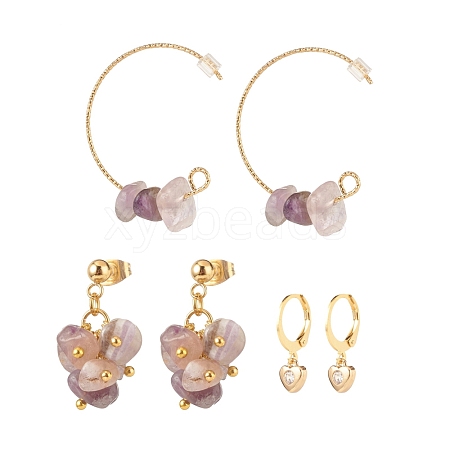 3 Pairs 3 Style Natural Amethyst Chips Beaded Cluster Dangle Stud & Leverback Earrings EJEW-JE04895-04-1