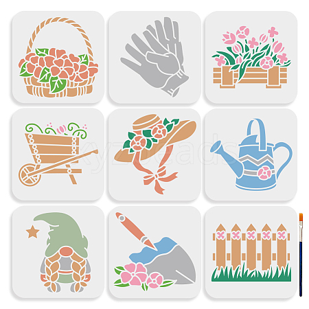 MAYJOYDIY US 9Pcs 9 Styles Garden Theme PET Hollow Out Drawing Painting Stencils DIY-MA0004-12A-1