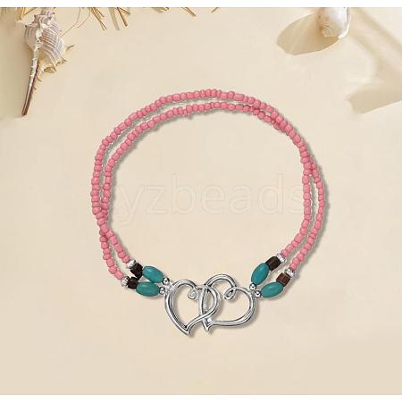 Glass Seed Beads & Alloy Heart Link Anklets WGBE152-10-1