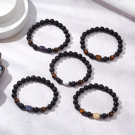 Natural Lava Rock Beads  Stretch Bracelets for Women Men BJEW-JB11323-1