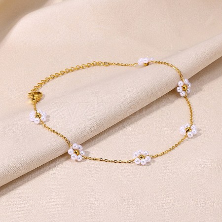 Stainless Steel & Imitation Pearl White Flower Link Chain Anklets for Women AJEW-LP0007-59-1-1